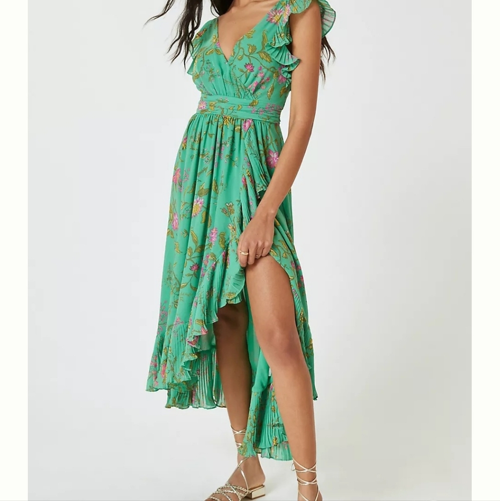 Ruffle-Sleeve Floral-Wrap Midi Dress